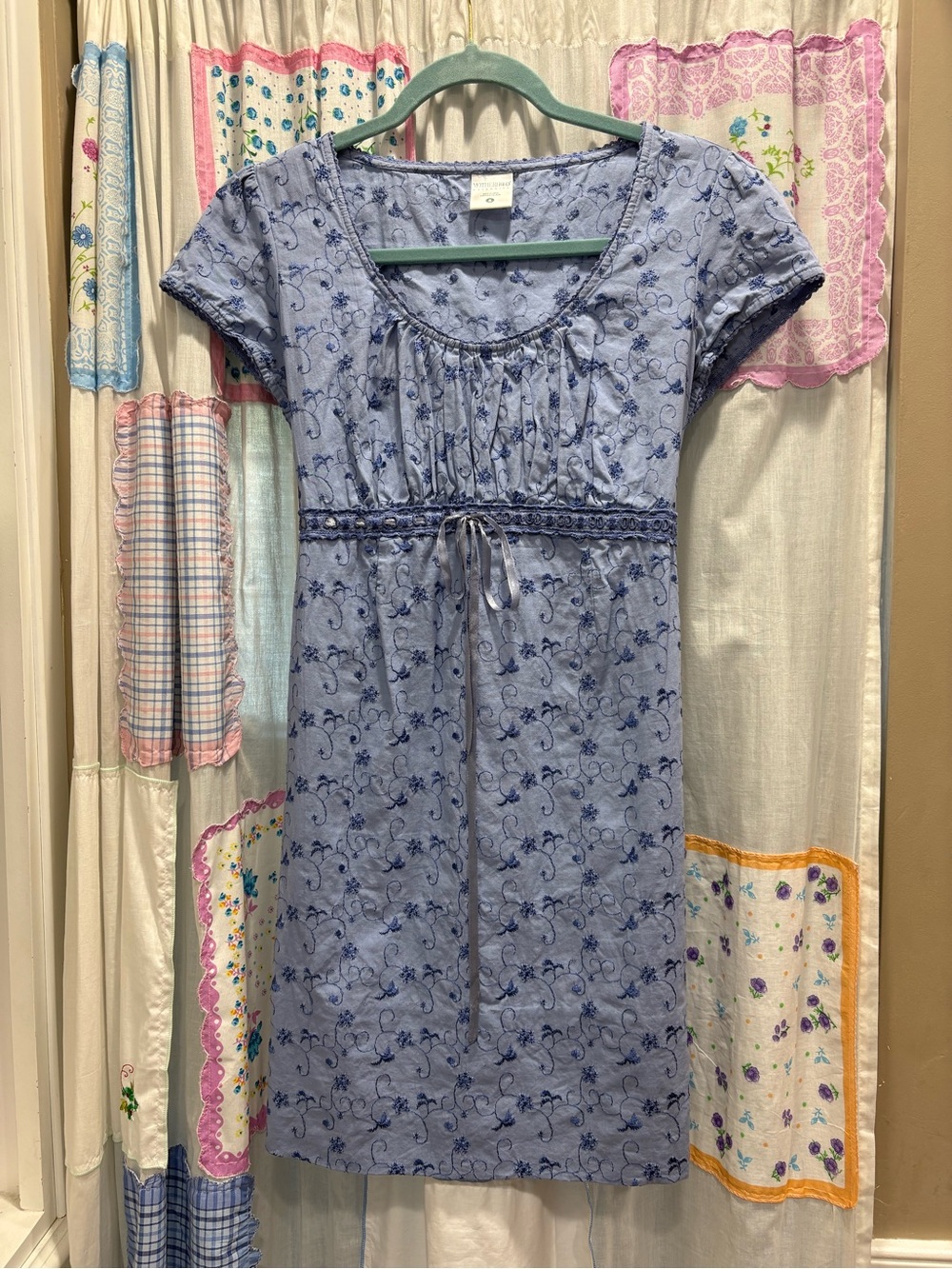 Blue Floral Short-Sleeve Empire-Waist Dress